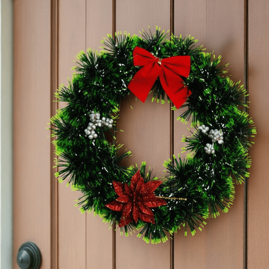 Christmas Green Wreath with Red Bow & Poinsettia - Memories Insite
